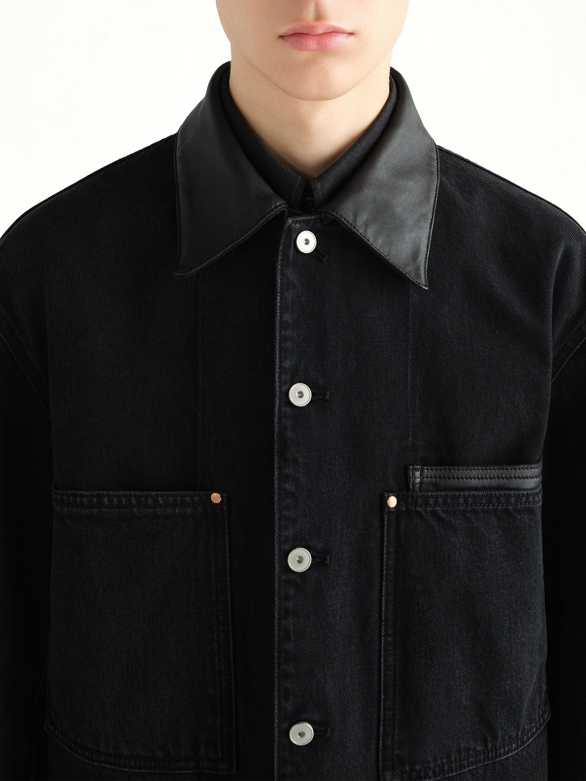 Workwear Overshirt With Leather Collar in Black