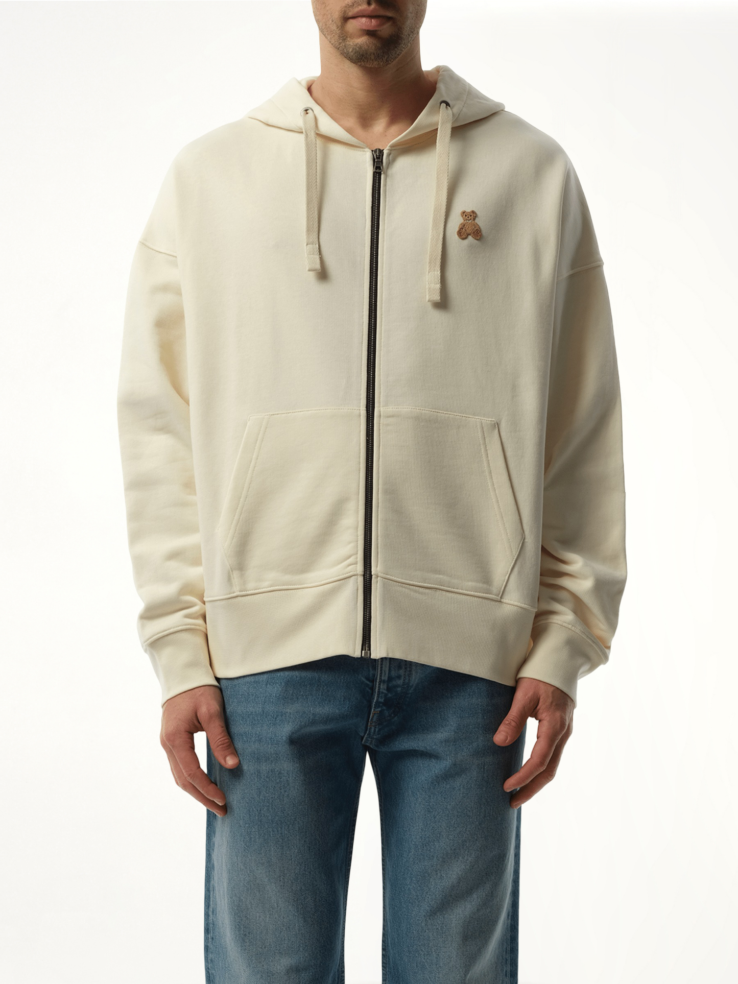 Bear in Mind Zip Hoodie in Off White/Brown