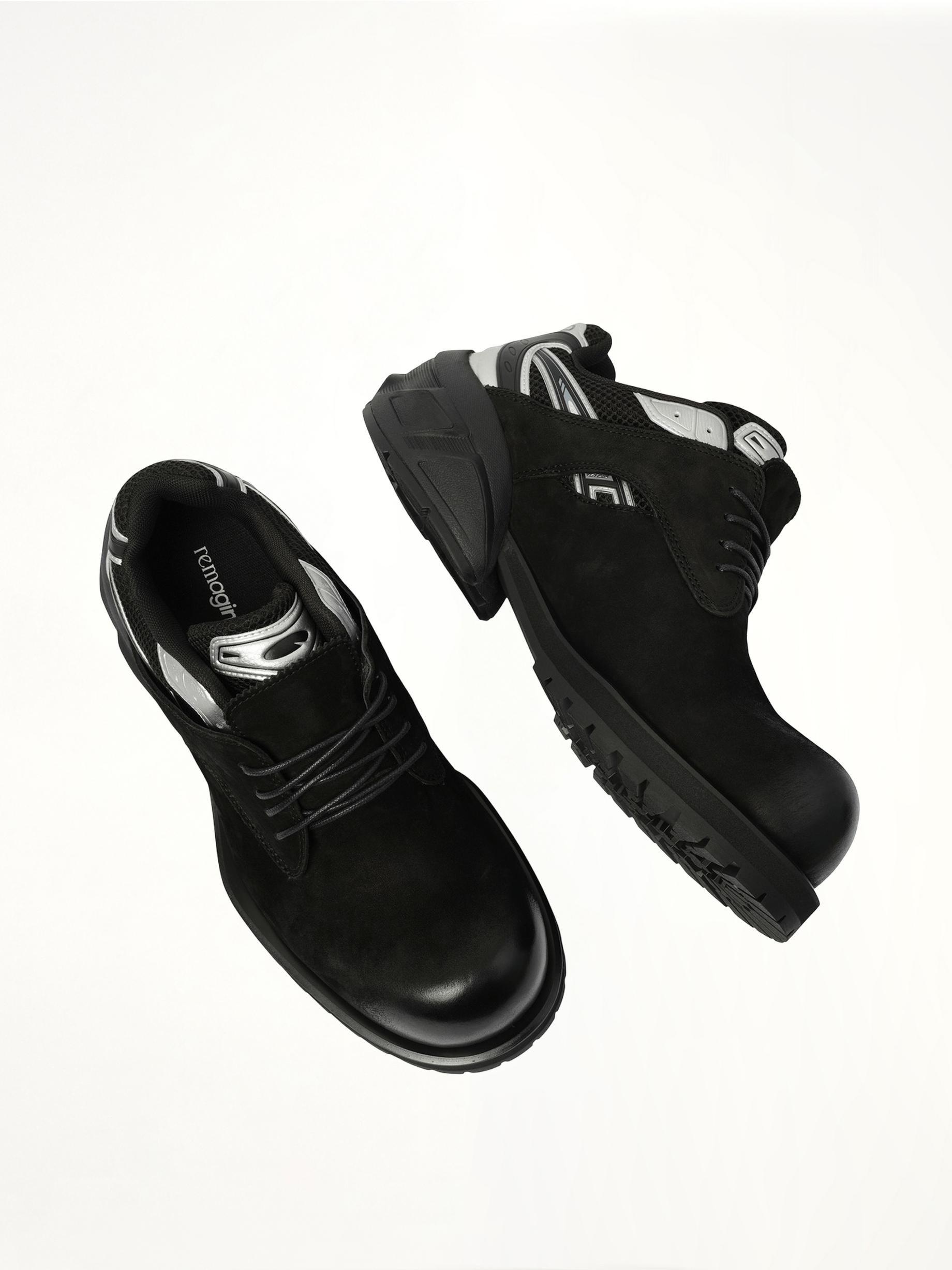 Starting Bigger Hybrid Derby in Black/White/Silver Top View | REMAGINE