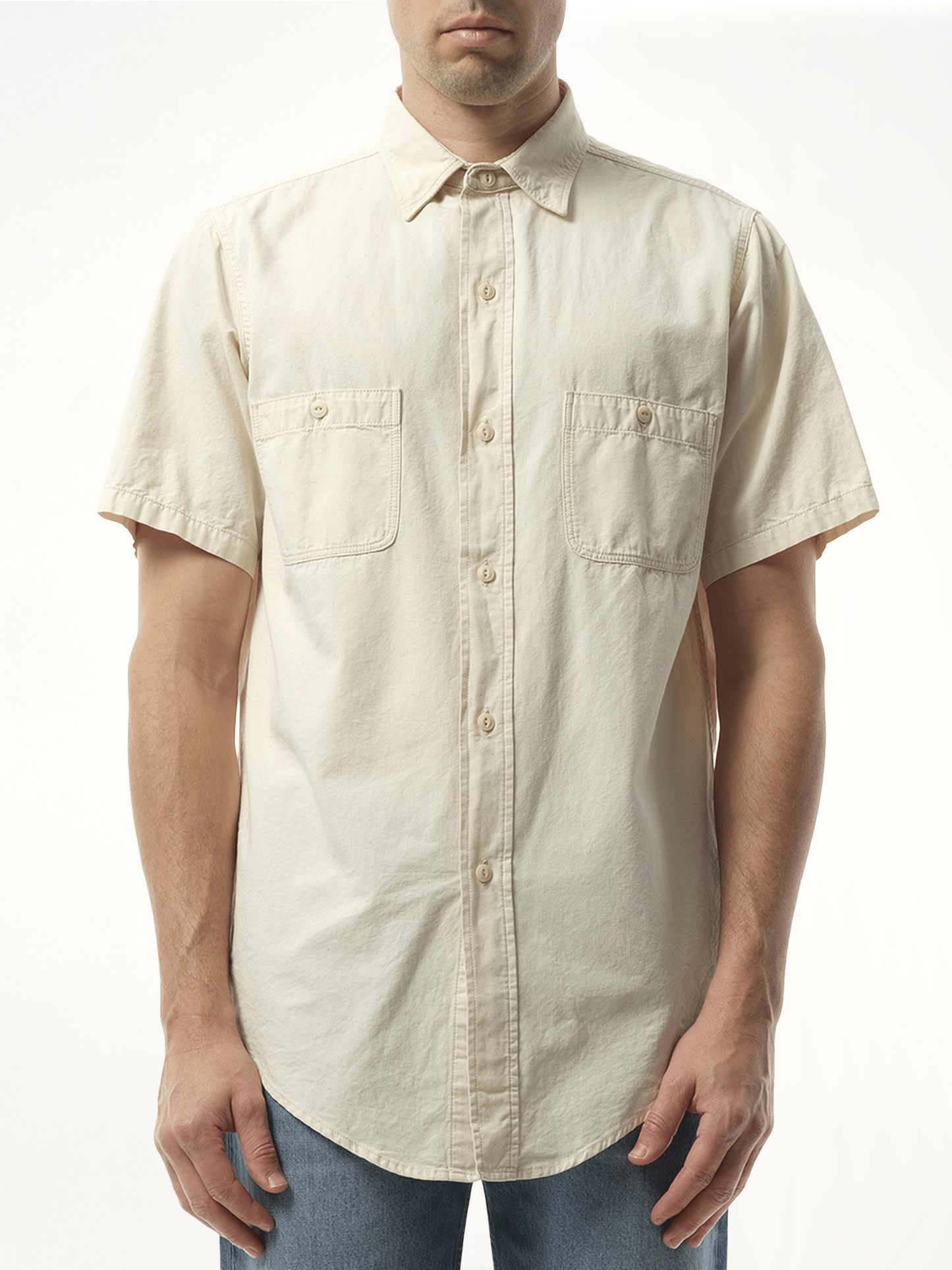 Denim Short Sleeve Shirt in Ecru