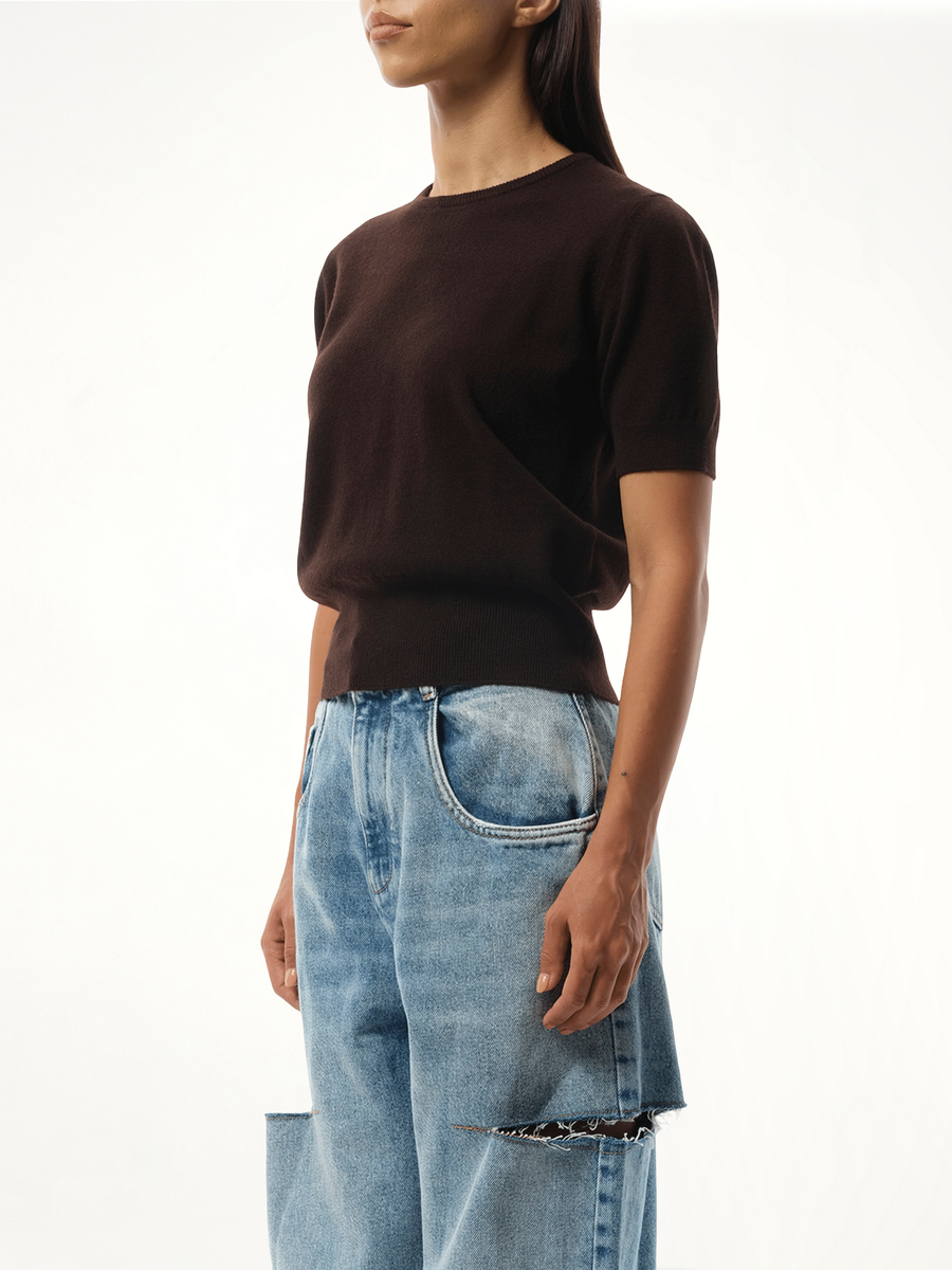 Short-sleeved Sweater in Dark Brown