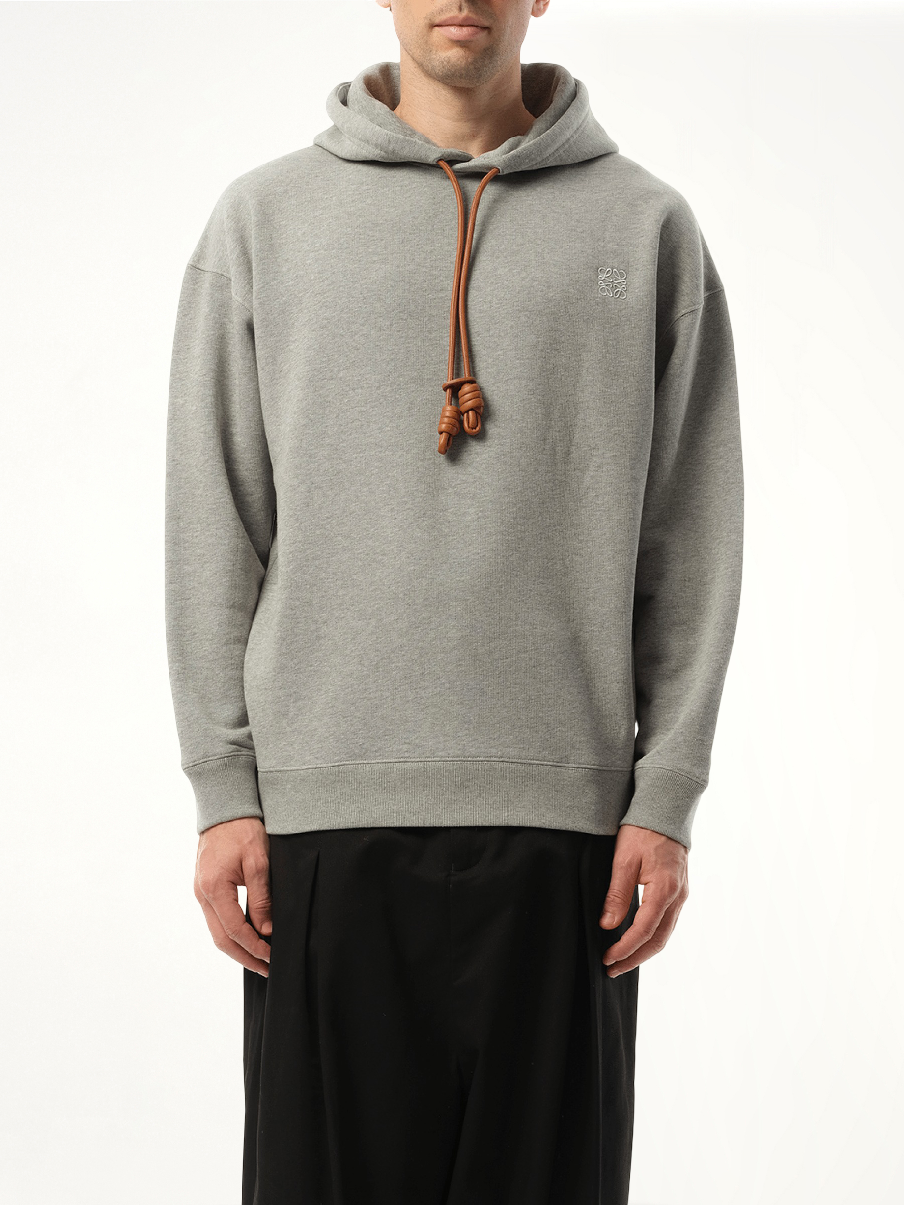 Leather Tassel Hoodie in Grey Melange