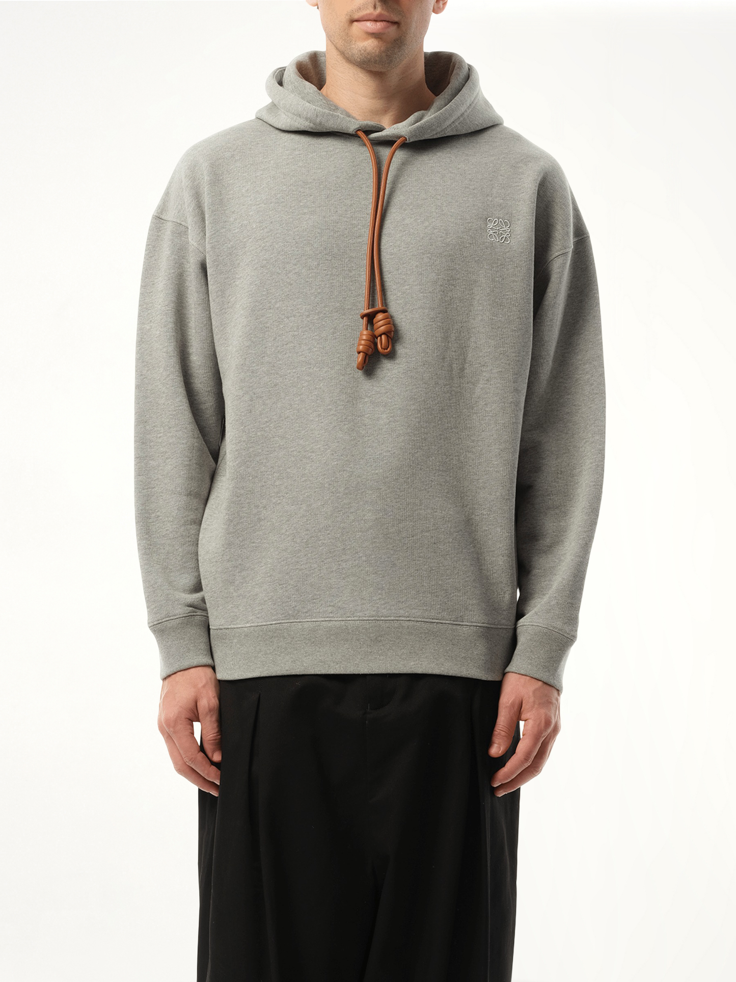 Leather Tassel Hoodie in Grey Melange