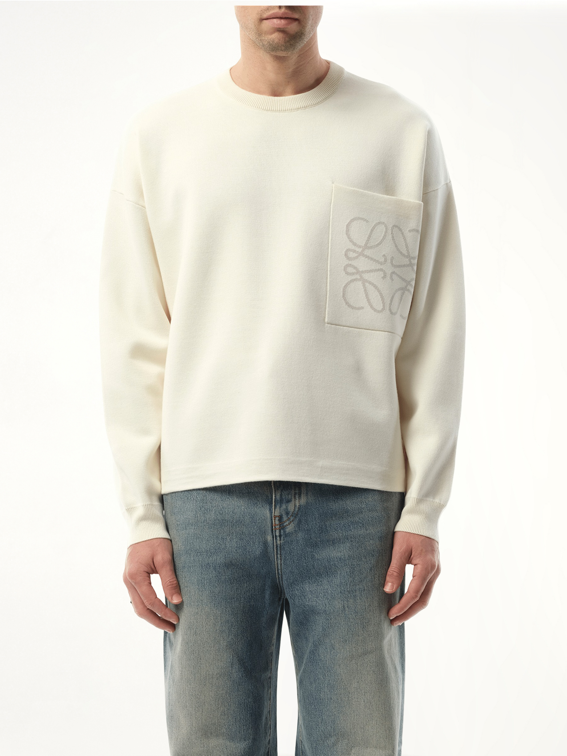 Anagram Pocket Sweater in White/Light Grey