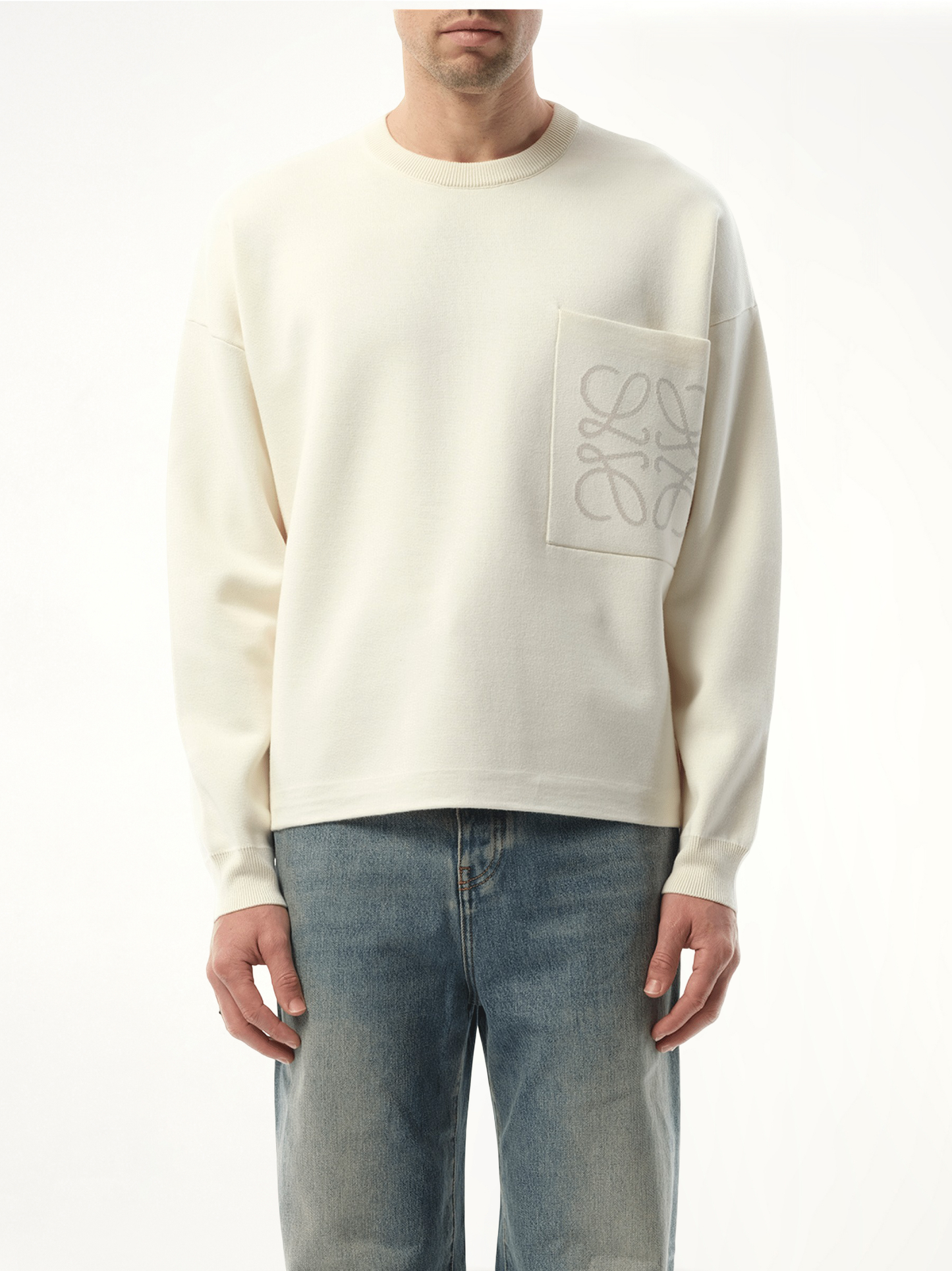 Anagram Pocket Sweater in White/Light Grey