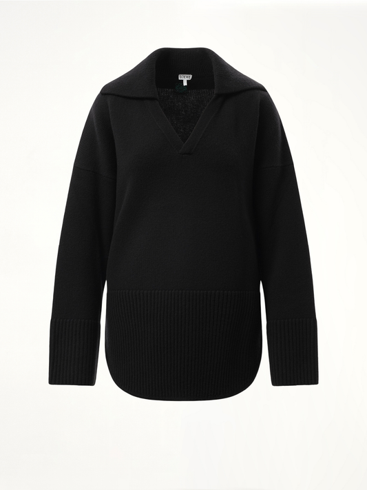 V-Neck Polo Sweater in Black