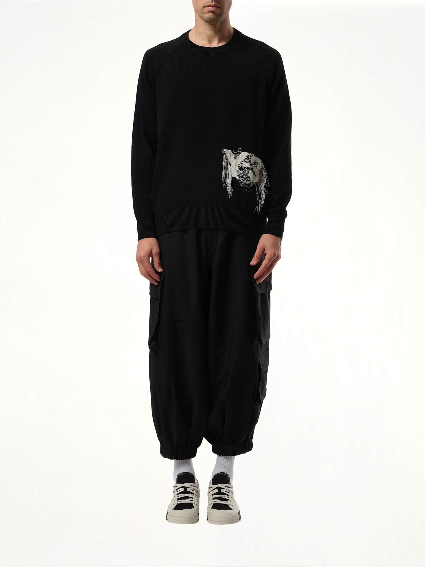 Frayed Logo Knit Sweater in Black