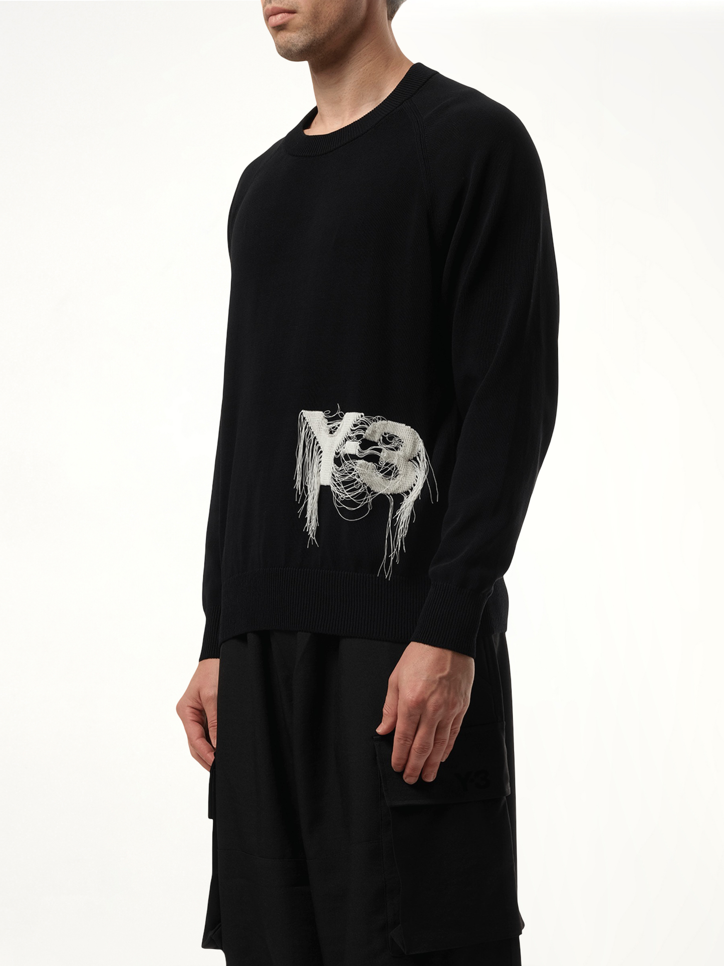 Frayed Logo Knit Sweater in Black
