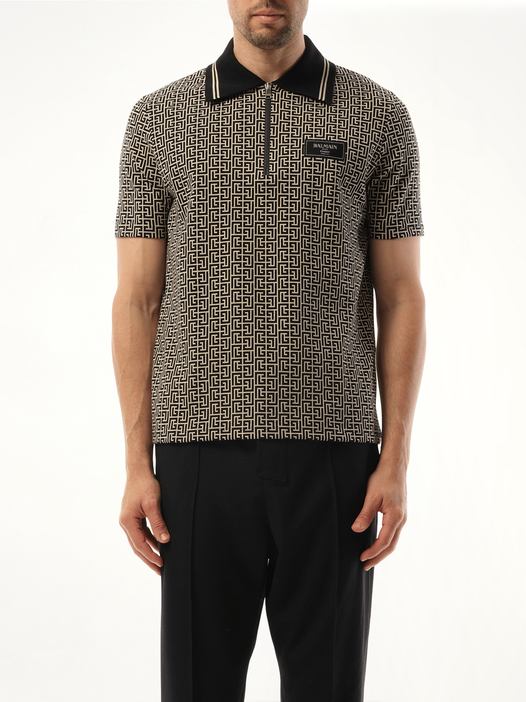Monogram Couture Label Zipped Polo in Ivory/Black