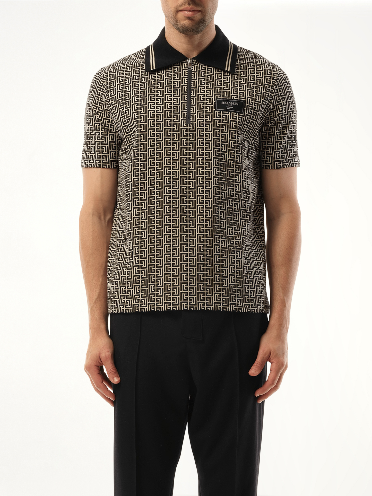 Monogram Couture Label Zipped Polo in Ivory/Black