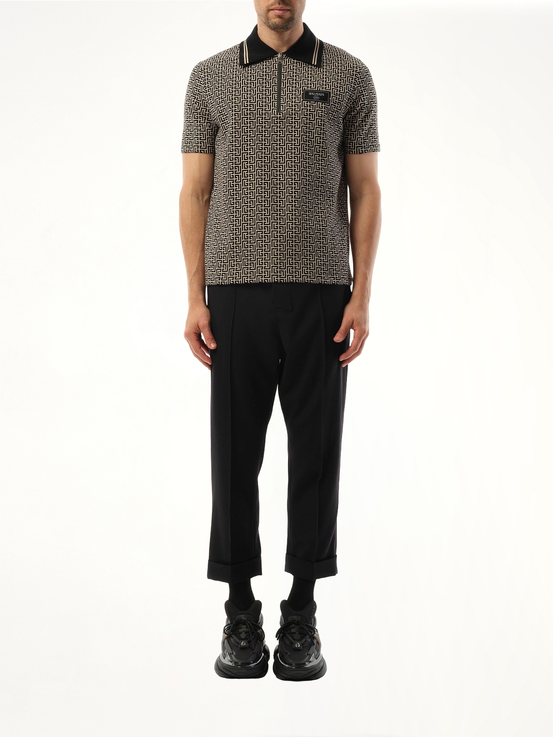 Monogram Couture Label Zipped Polo in Ivory/Black