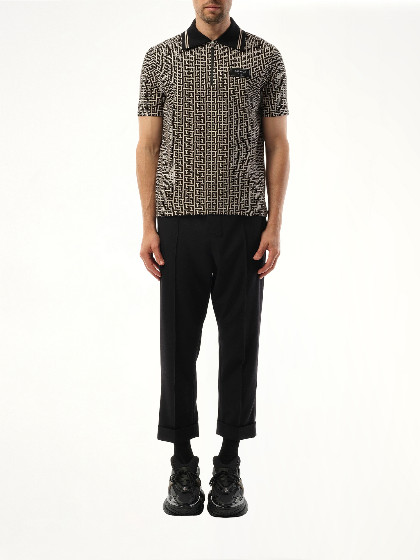 Monogram Couture Label Zipped Polo in Ivory/Black