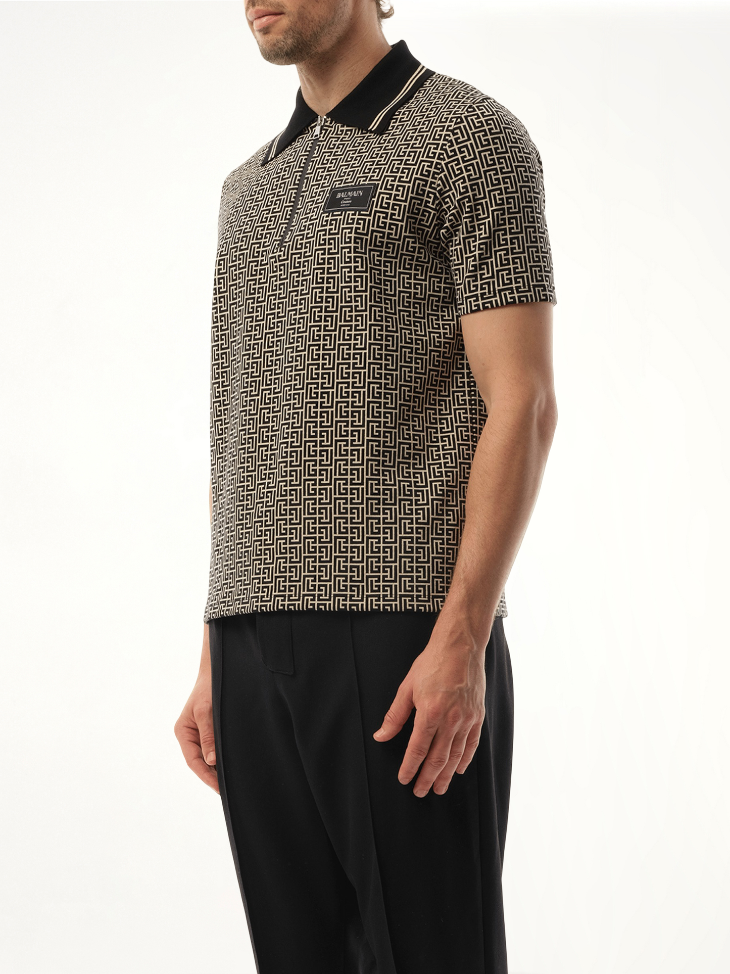 Monogram Couture Label Zipped Polo in Ivory/Black