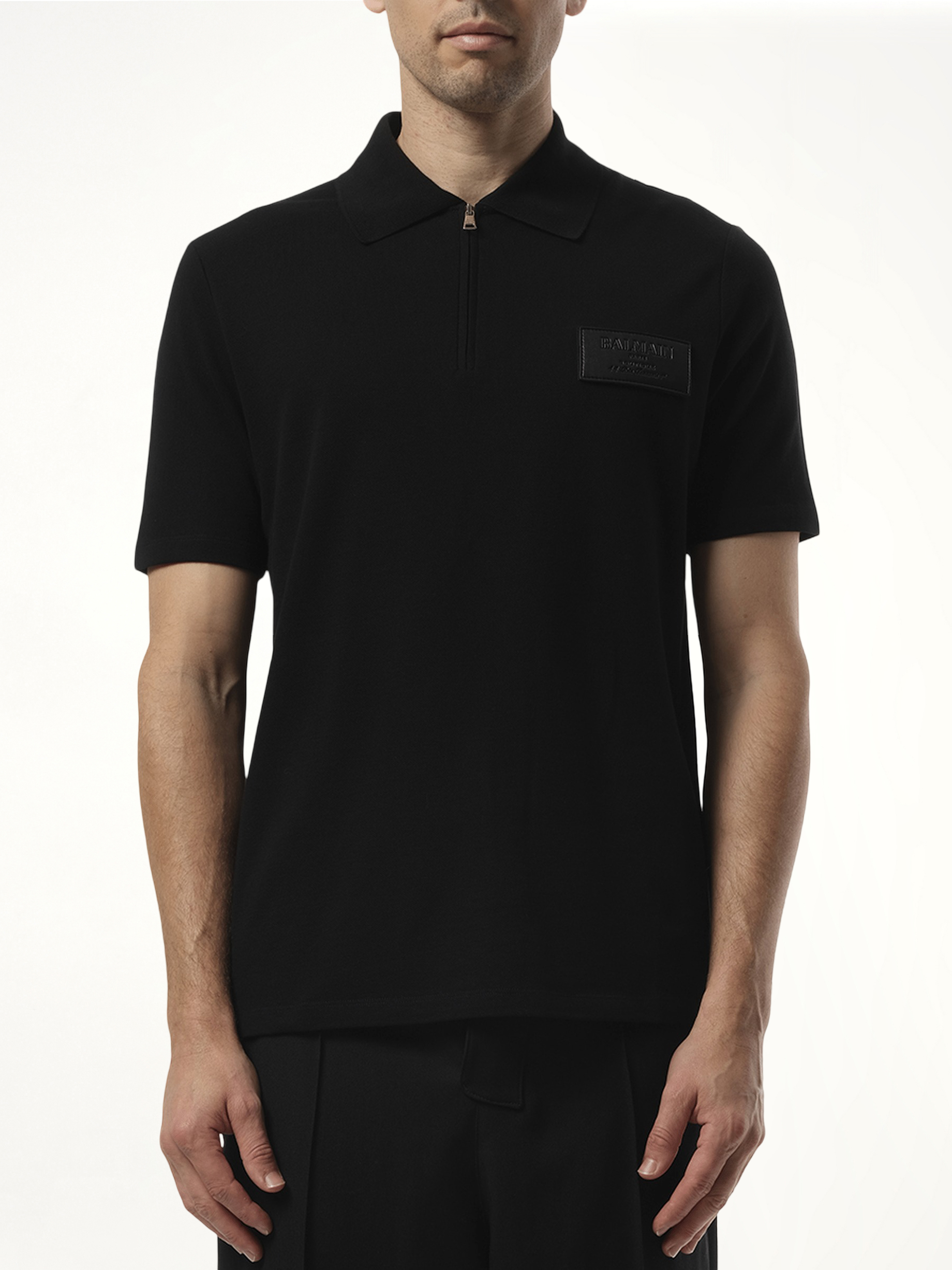 Small Leather Couture Label Zipped Polo in Black