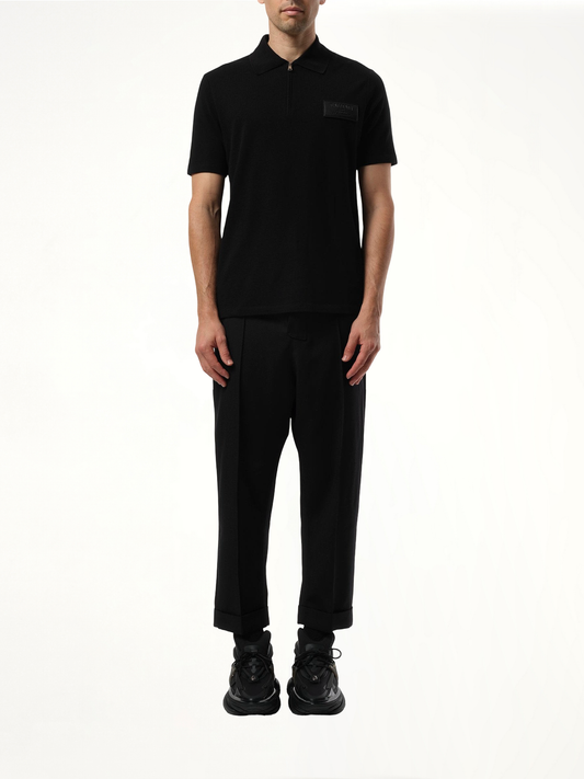 Small Leather Couture Label Zipped Polo in Black