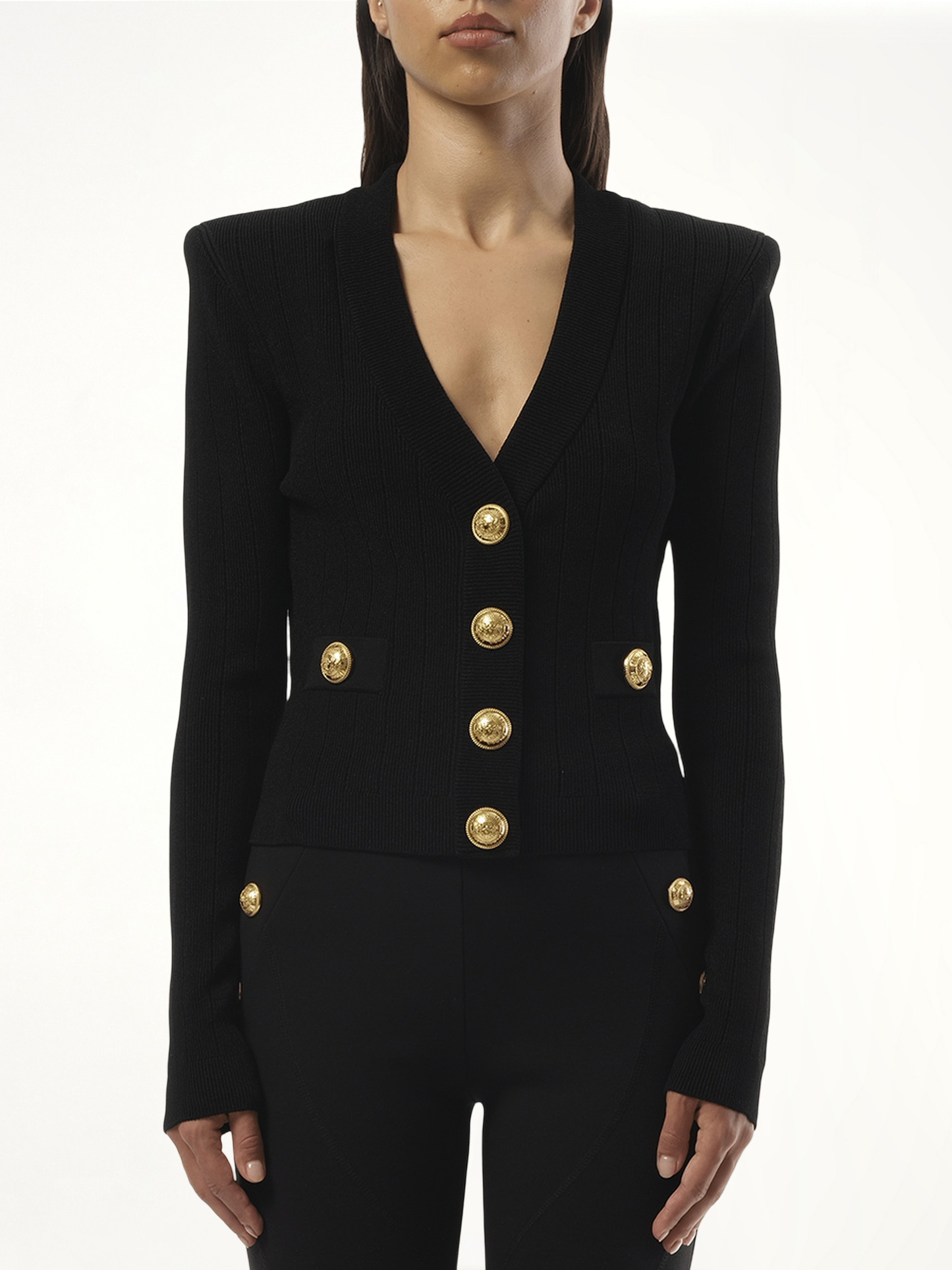 V-Neck 2 Pockets Buttoned Knit Cardigan in Black