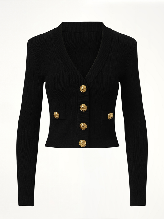 V-Neck 2 Pockets Buttoned Knit Cardigan in Black