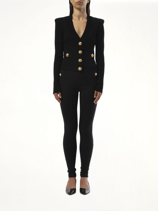 V-Neck 2 Pockets Buttoned Knit Cardigan in Black