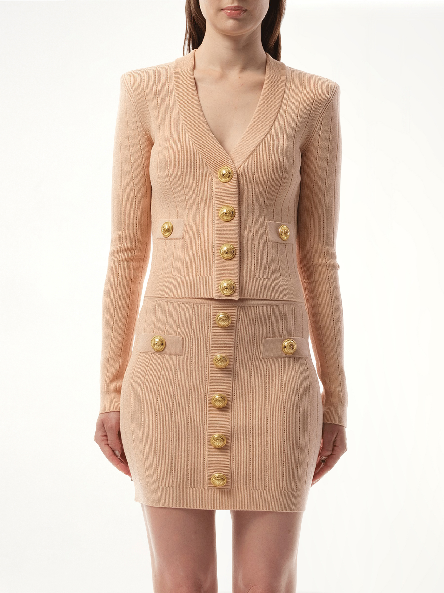 V-Neck 2 Pockets Buttoned Knit Cardigan in Nude Rose