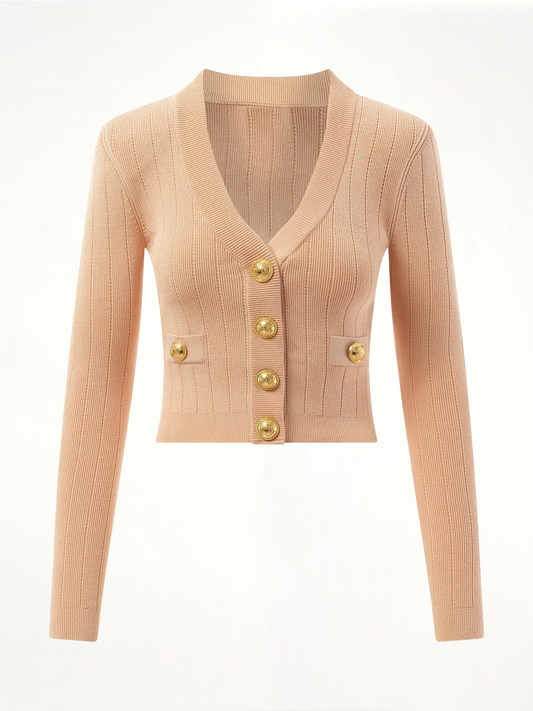V-Neck 2 Pockets Buttoned Knit Cardigan in Nude Rose