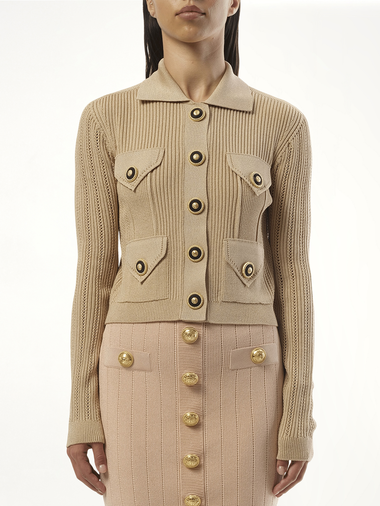 4 Pockets Buttoned Ribbed Knit Cardigan in Nude Rose