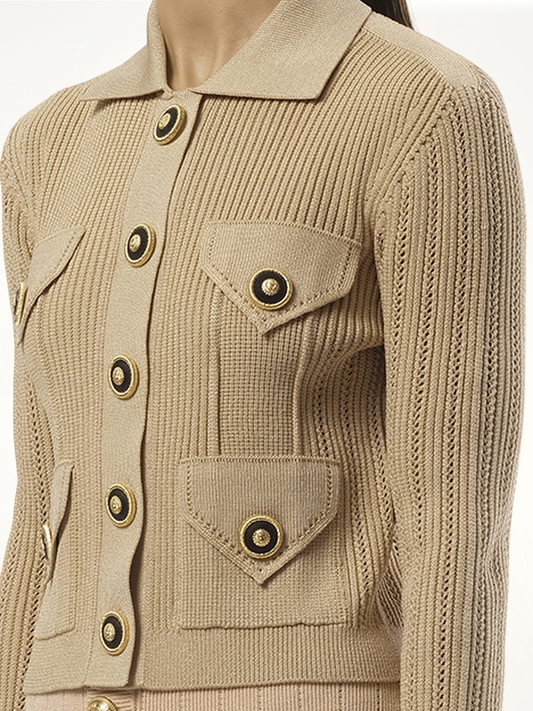 4 Pockets Buttoned Ribbed Knit Cardigan in Nude Rose