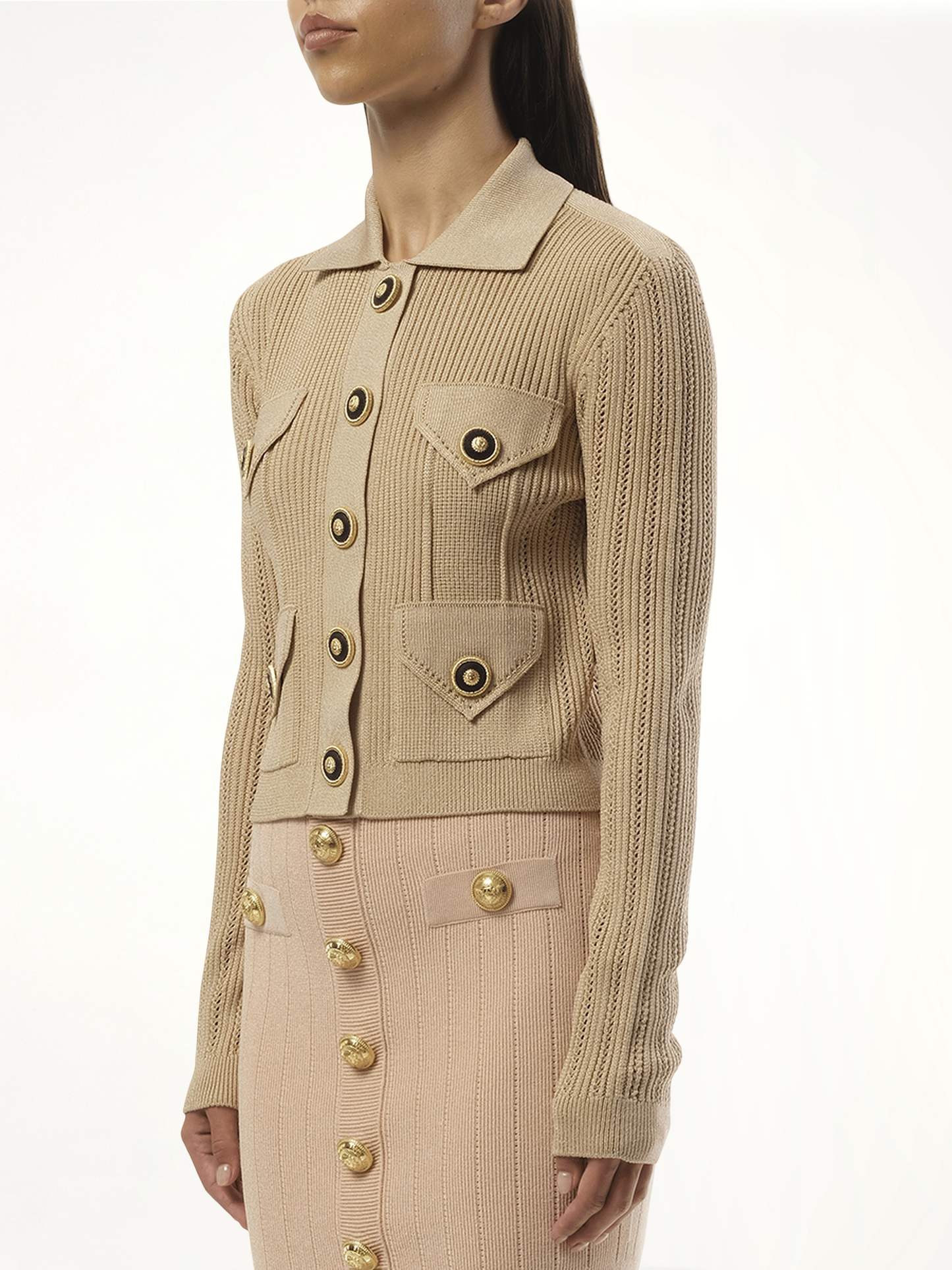 4 Pockets Buttoned Ribbed Knit Cardigan in Nude Rose