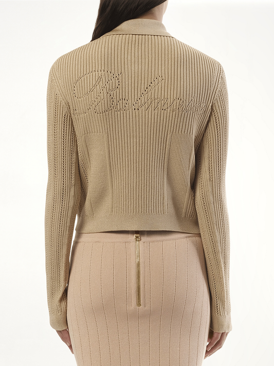 4 Pockets Buttoned Ribbed Knit Cardigan in Nude Rose