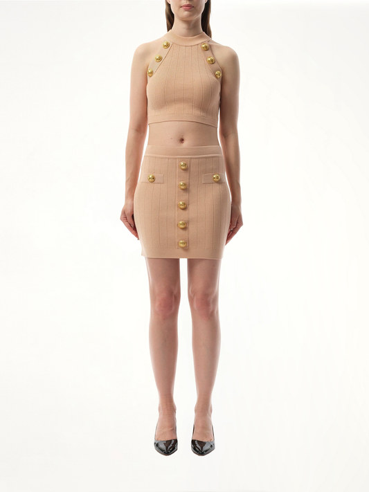 2 Pockets Buttoned Knit Short Skirt in Nude Rose