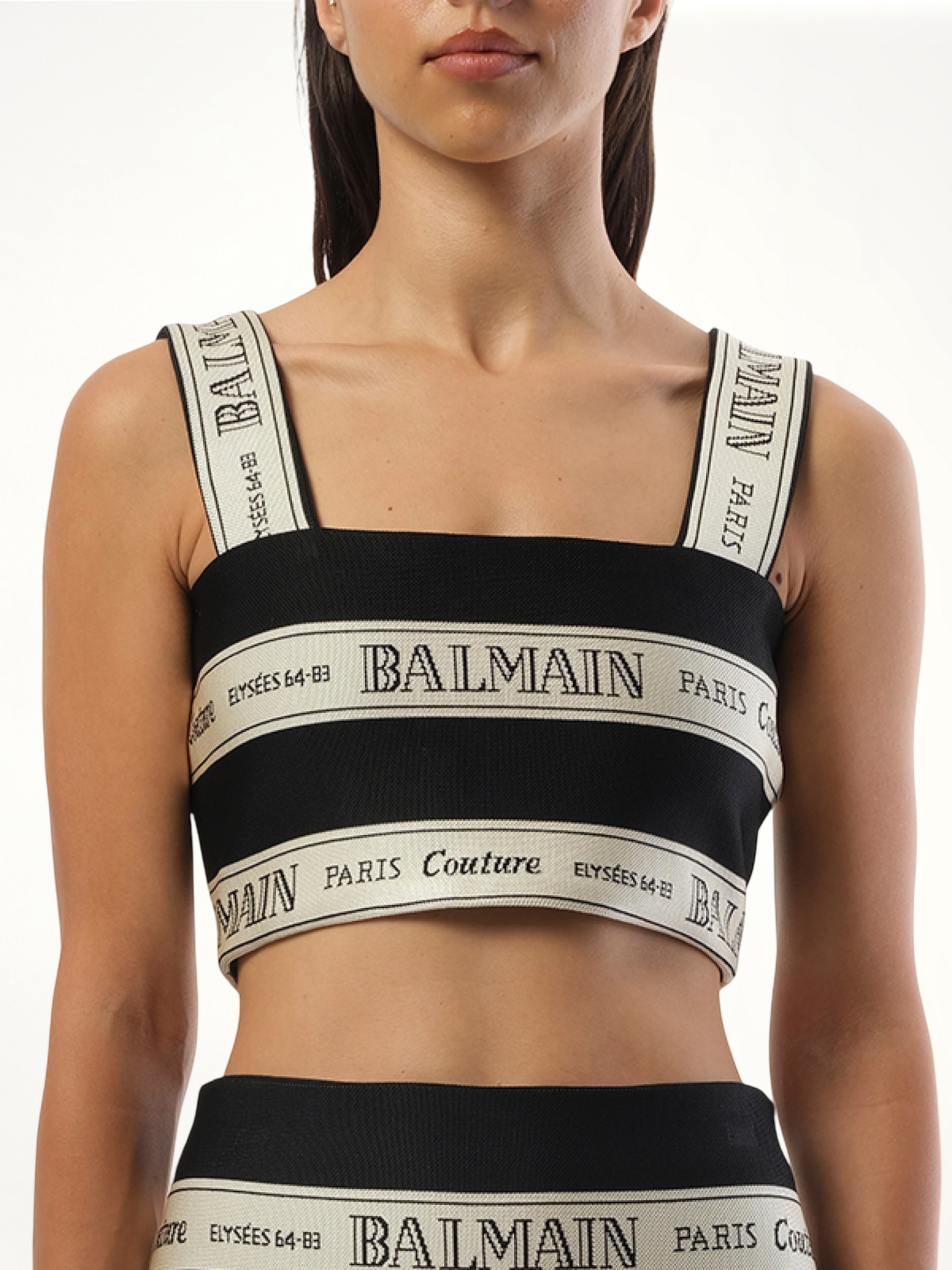 Striped Balmain Jacquard Crop Top in Black/Beige
