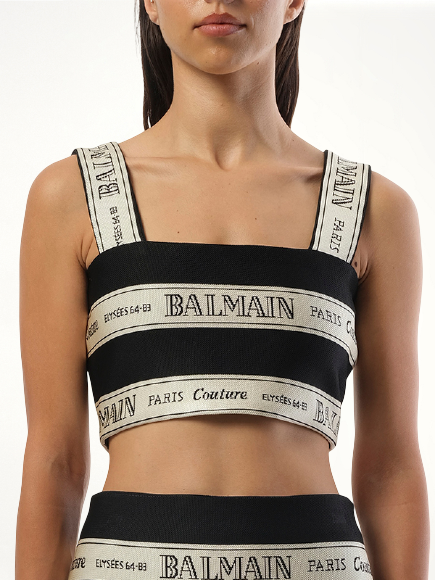 Striped Balmain Jacquard Crop Top in Black/Beige