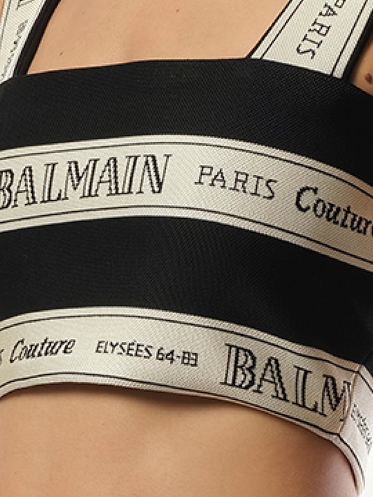Striped Balmain Jacquard Crop Top in Black/Beige