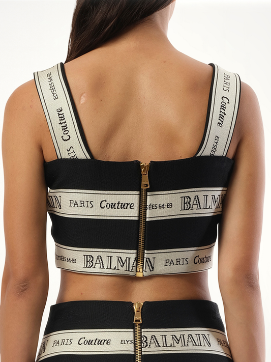 Striped Balmain Jacquard Crop Top in Black/Beige