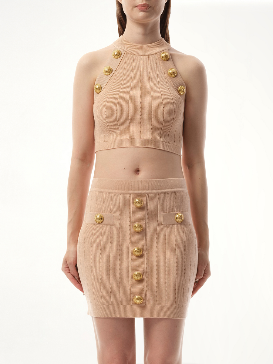 6 Button Halterneck Knit Cropped Top in Nude Rose
