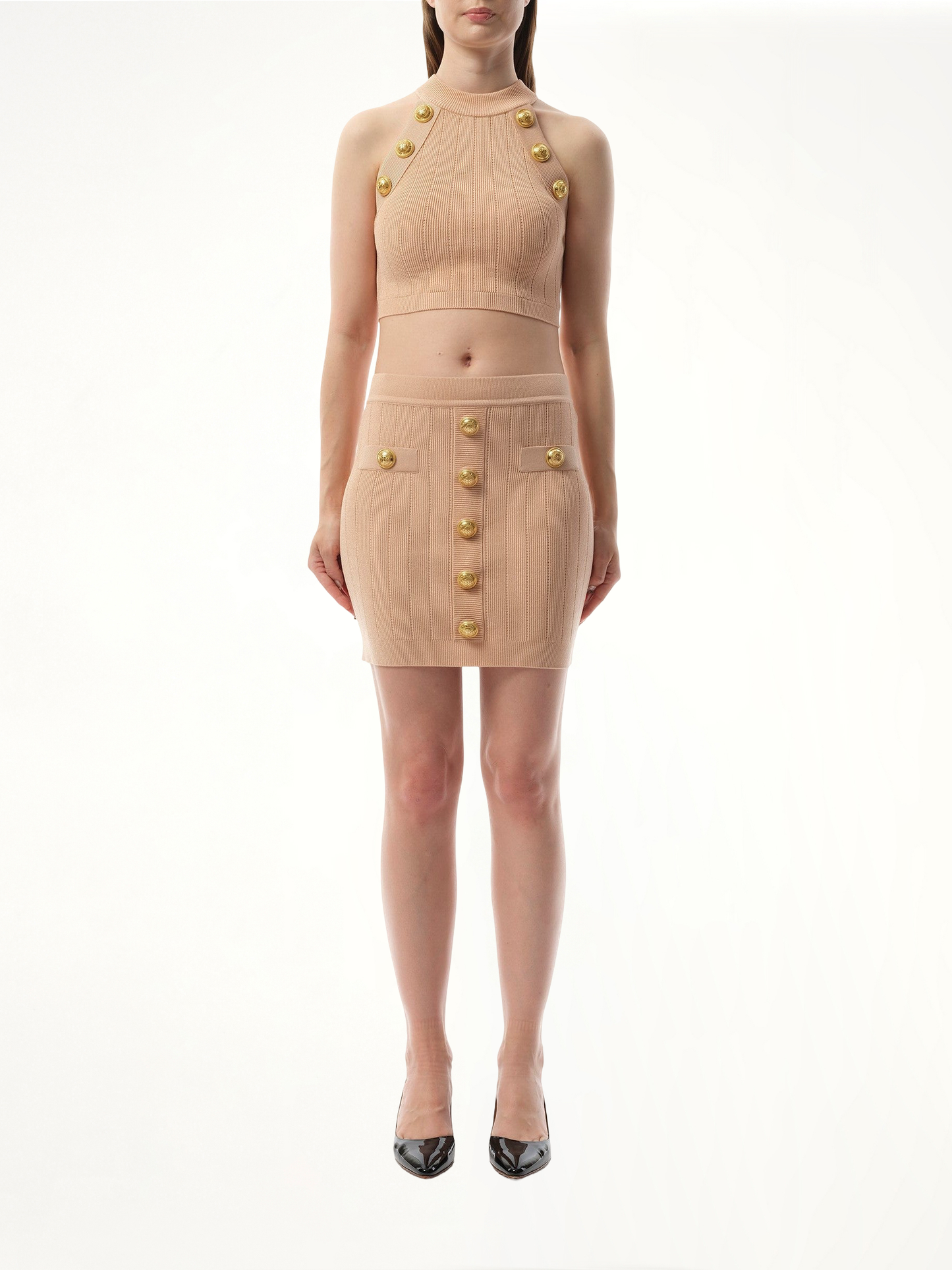 6 Button Halterneck Knit Cropped Top in Nude Rose