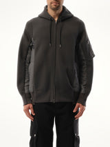 Sacai Sponge Sweat Nylon Twill Zip Hoodie in Charcoal Gray