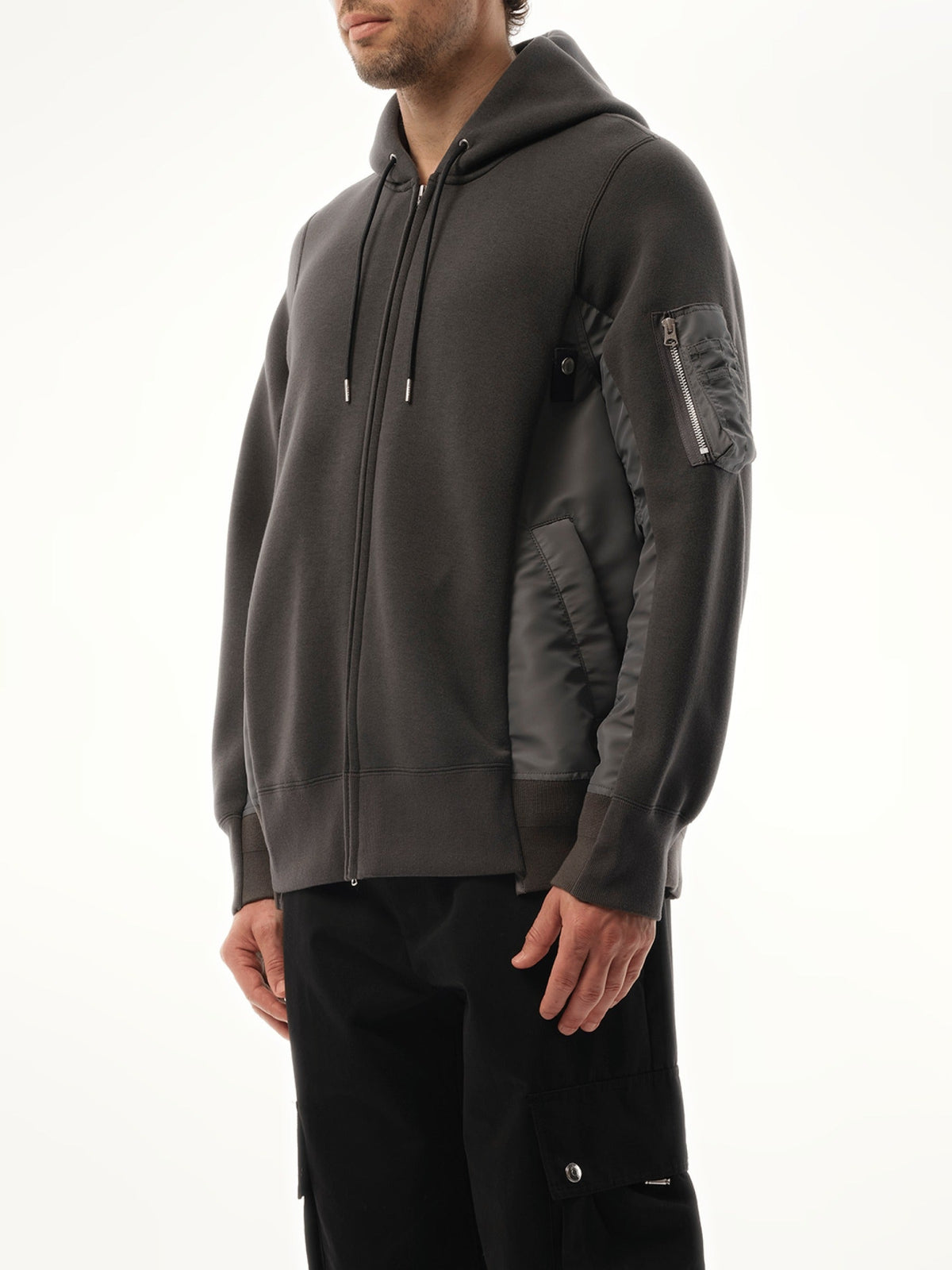 Sacai Sponge Sweat Nylon Twill Zip Hoodie in Charcoal Gray