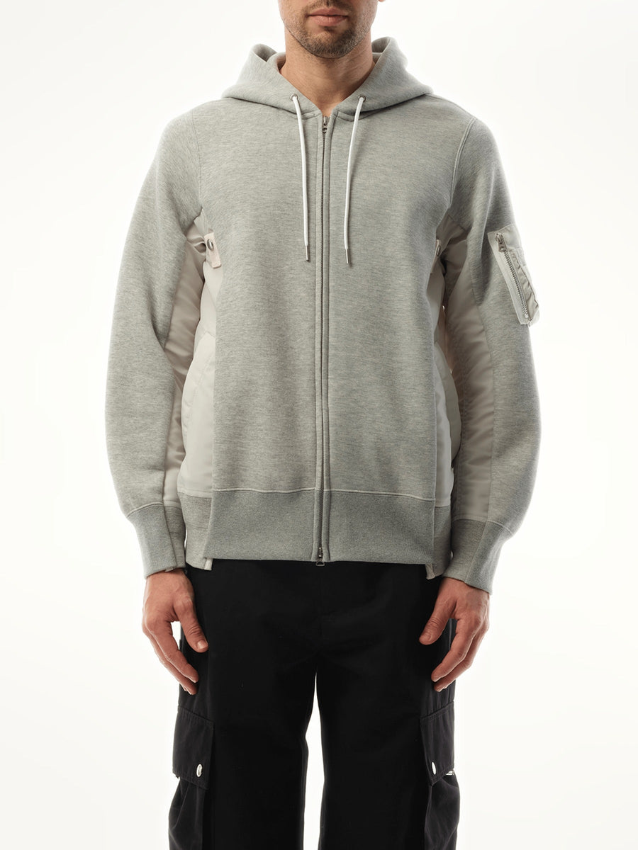 Sacai Sponge Sweat Nylon Twill Zip Hoodie in Light Gray