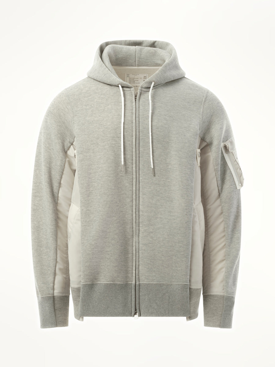 Sacai Sponge Sweat Nylon Twill Zip Hoodie in Light Gray