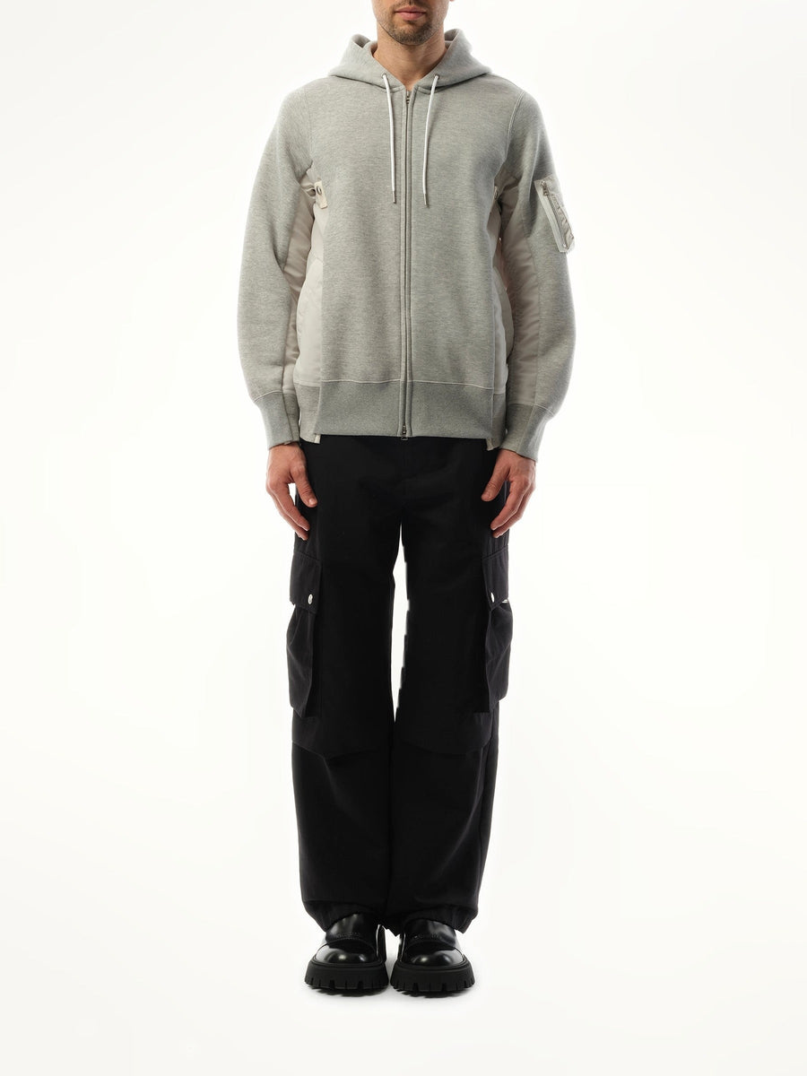 Sacai Sponge Sweat Nylon Twill Zip Hoodie in Light Gray
