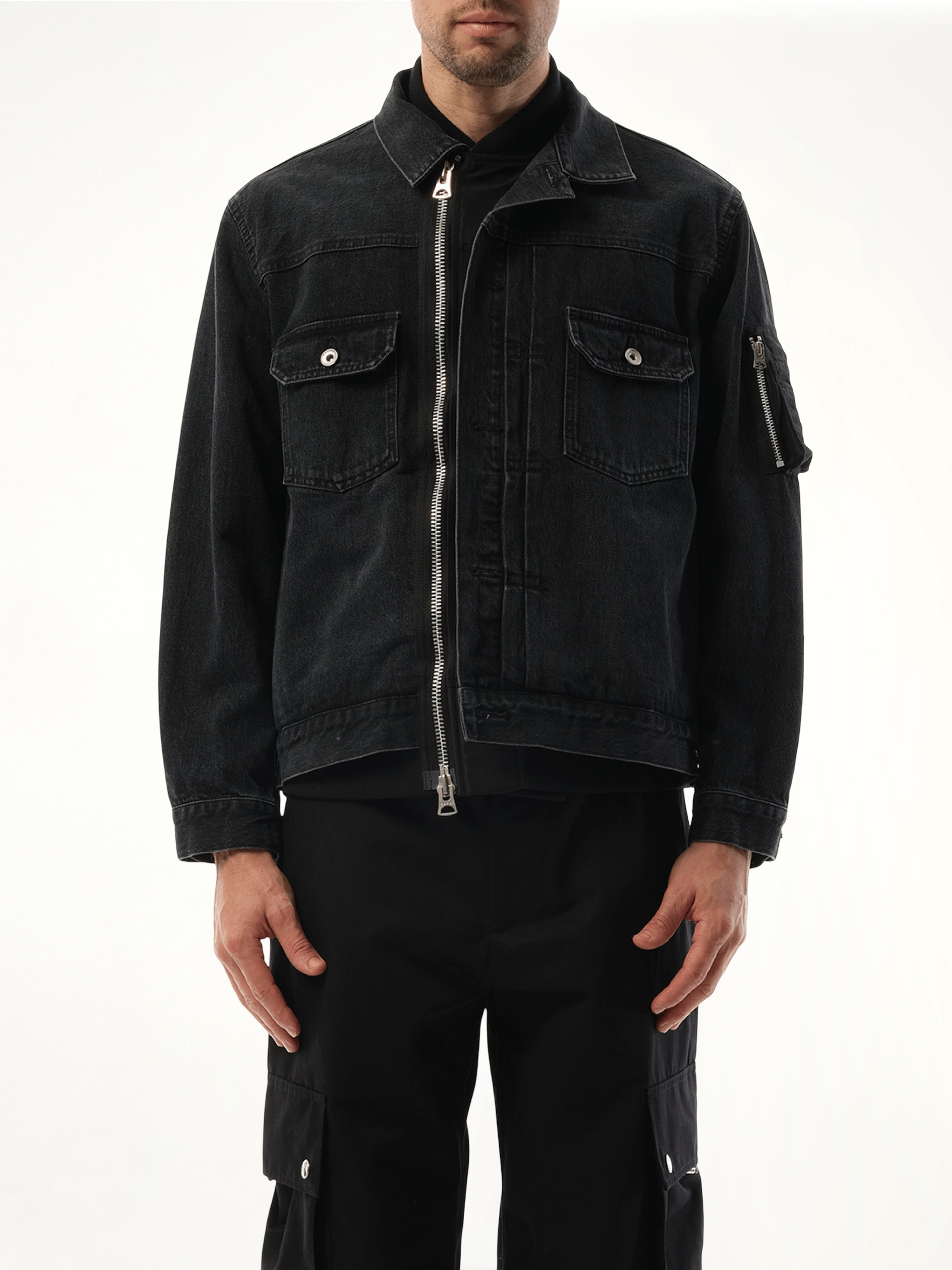 Denim Nylon Double Jacket in Black