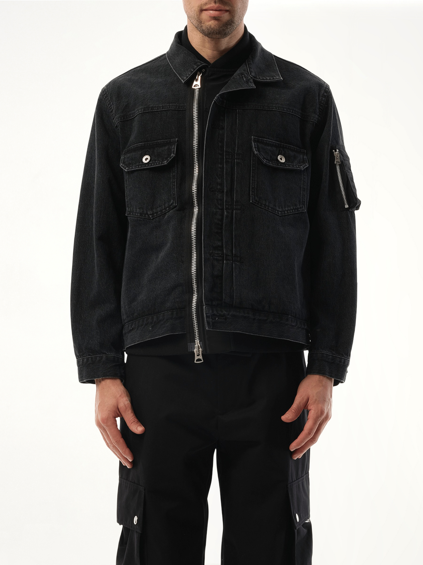 Denim Nylon Double Jacket in Black