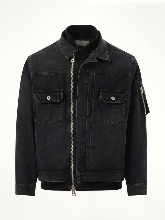 Denim Nylon Double Jacket in Black