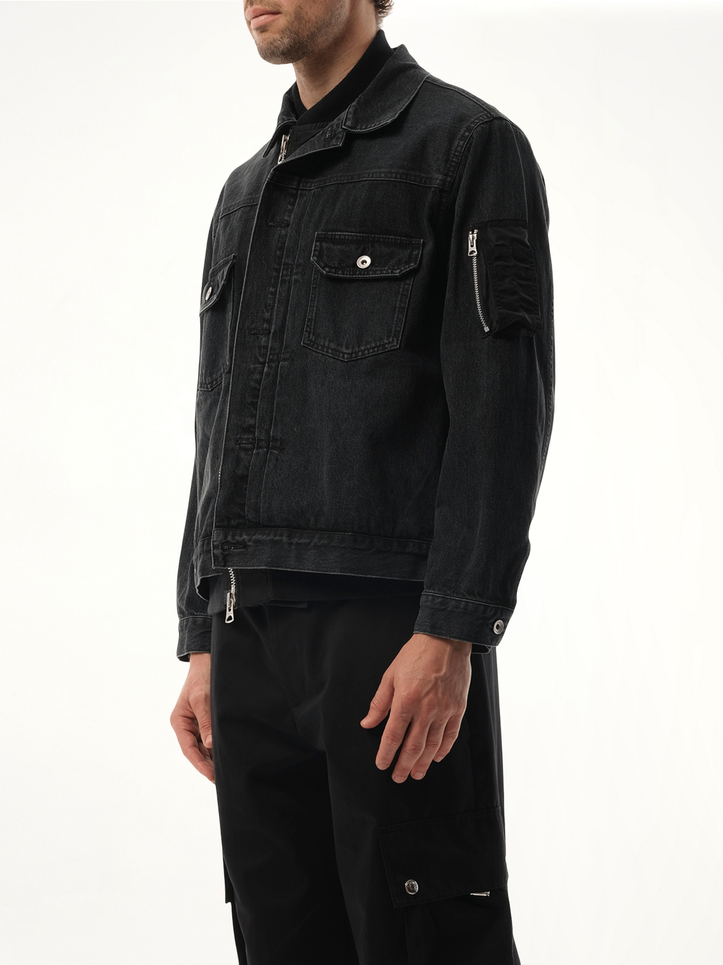 Denim Nylon Double Jacket in Black