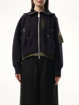 Sacai Sponge Sweat x Nylon Twill Zip Hoodie in Navy/Khaki