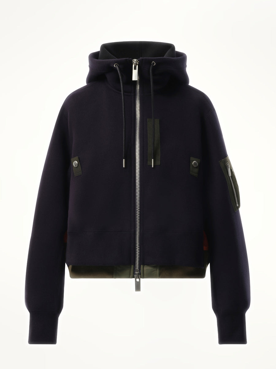Sacai Sponge Sweat x Nylon Twill Zip Hoodie in Navy/Khaki