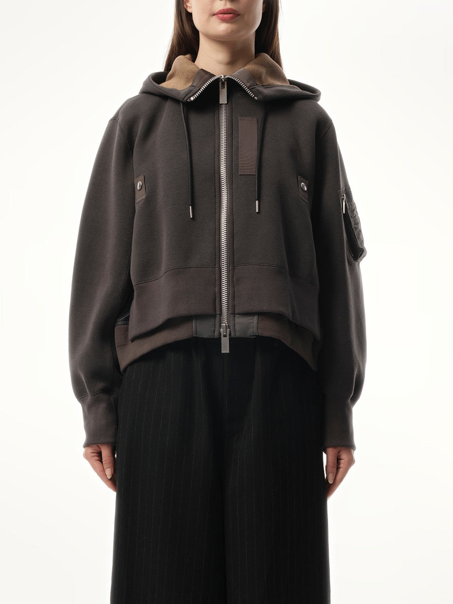 Sacai Sponge Sweat x Nylon Twill Zip Hoodie in Charcoal Gray