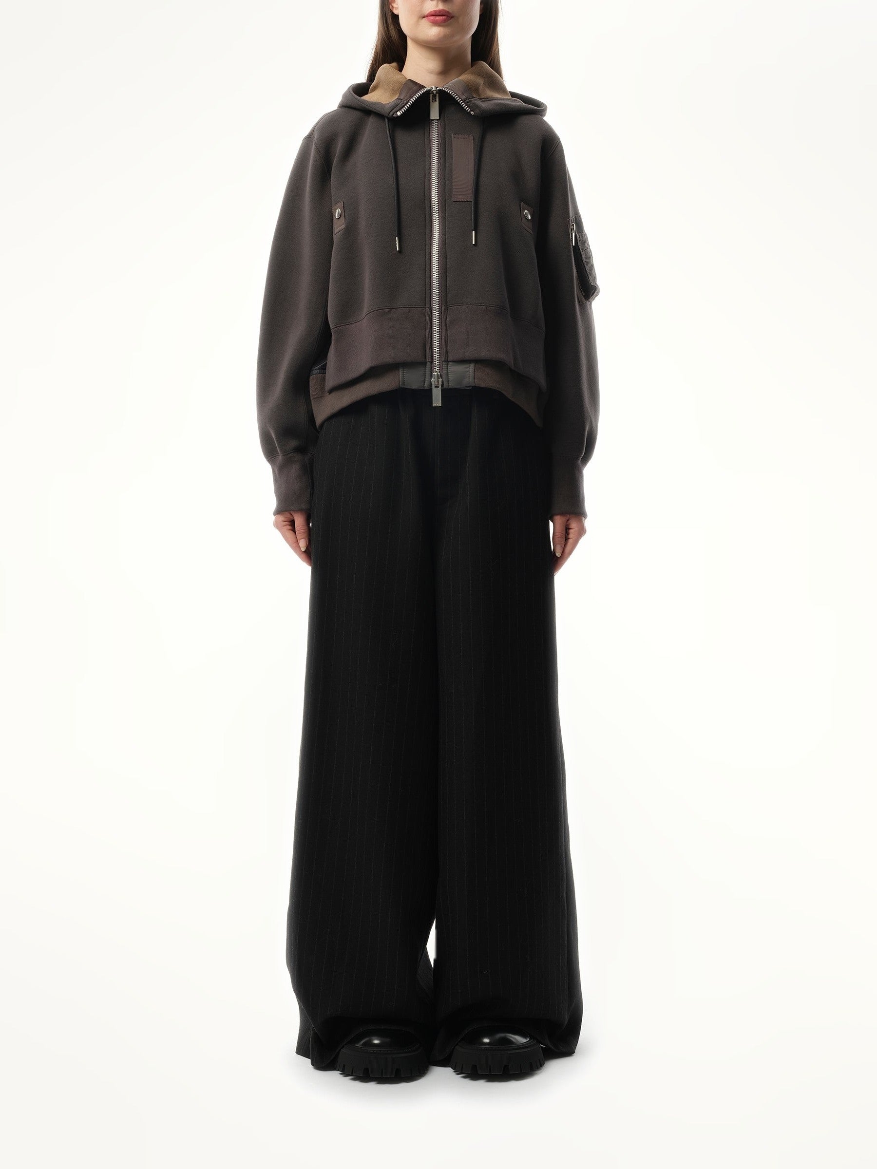 Sacai Sponge Sweat x Nylon Twill Zip Hoodie in Charcoal Gray