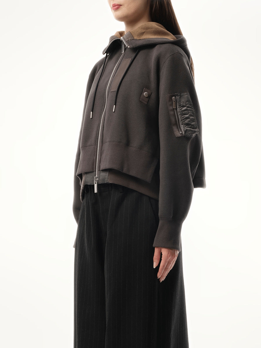 Sacai Sponge Sweat x Nylon Twill Zip Hoodie in Charcoal Gray