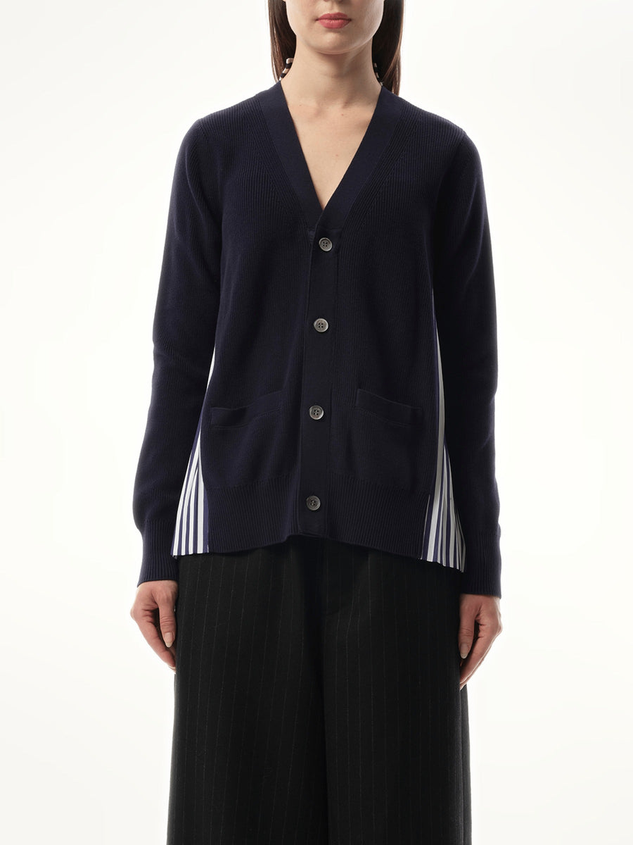 Sacai Cotton Knit x Cotton Poplin Cardigan in Navy